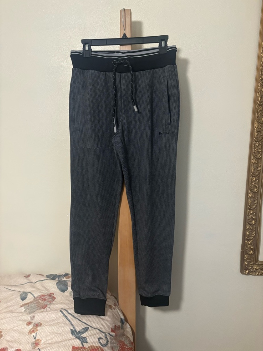 Ben Sherman Black Charcoal Textured Jogger Pants with Striped Waistband